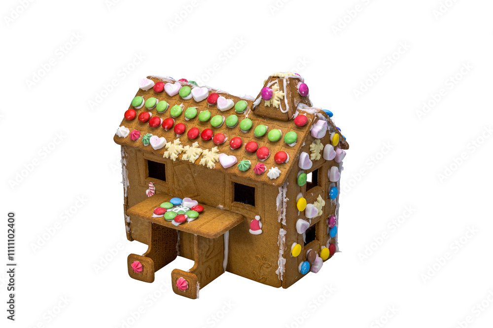 Gingerbread house made by children using ginger dough and decorated with colorful candies for Christmas celebration isolated on white background. Sweden. Gingerbread house made by children using ginger dough and decorated with colorful candies for Christmas celebration isolated on white background. Sweden.