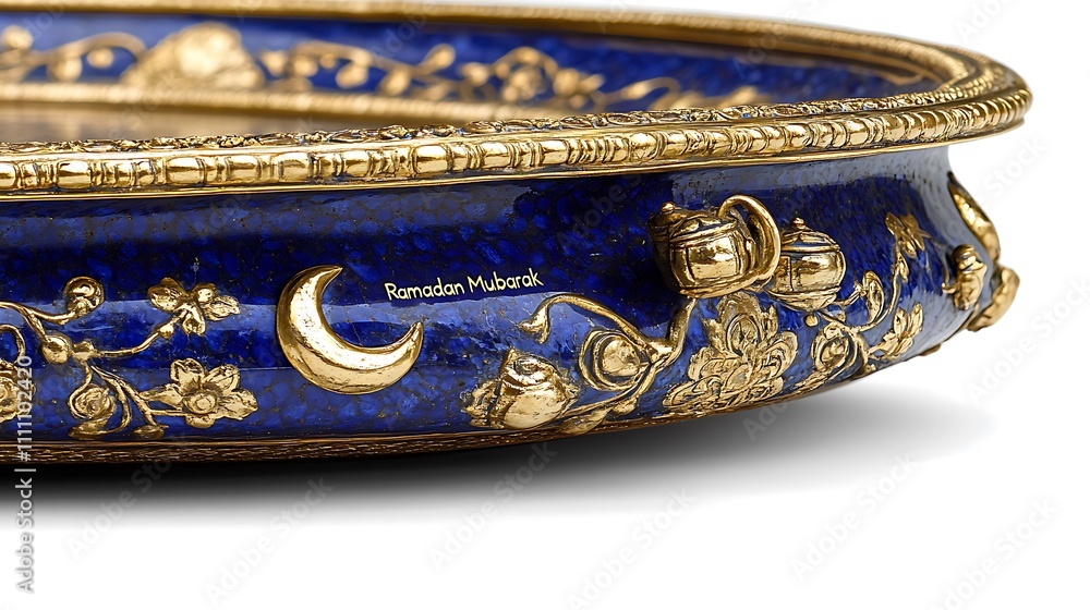 Blue and Gold Ornate Tray with Ramadan Mubarak Inscription Blue and Gold Ornate Tray with Ramadan Mubarak Inscription