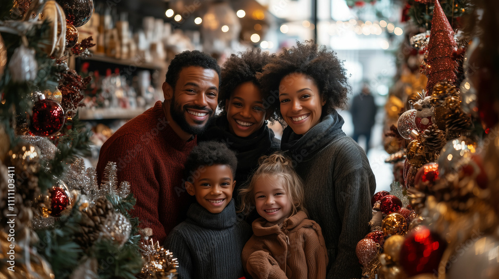 Family enjoying holiday season together in a festive market surrounded by decorations and lights Family enjoying holiday season together in a festive market surrounded by decorations and lights