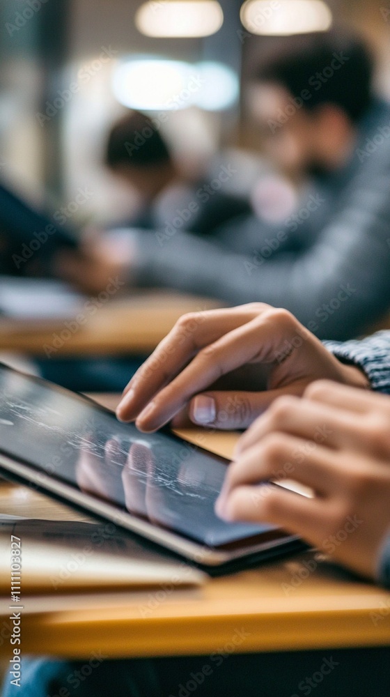 Close-up view of hands using digital tablet touchscreen in office environment, with blurred background showing coworkers. Modern workplace technology concept captured in soft lighting. Close-up view of hands using digital tablet touchscreen in office environment, with blurred background showing coworkers. Modern workplace technology concept captured in soft lighting.