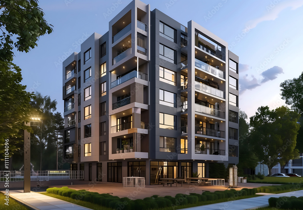 Modern apartment building exterior with large windows, sleek design, and evening lighting, surrounded by greenery and set in an urban residential neighborhood Modern apartment building exterior with large windows, sleek design, and evening lighting, surrounded by greenery and set in an urban residential neighborhood