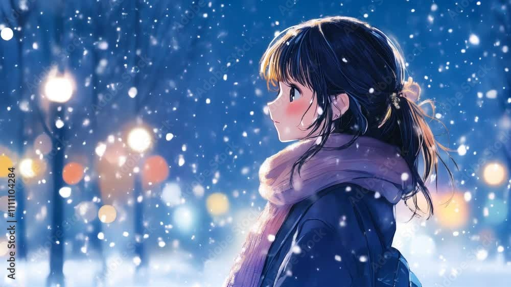 Winter anime style background with falling snow and cute girl Winter anime style background with falling snow and cute girl