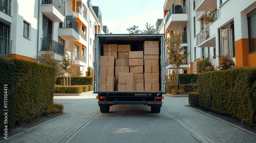 Moving Truck Filled with Cardboard Boxes in Residential Area Moving Truck Filled with Cardboard Boxes in Residential Area