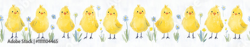Easter yellow chicks illustration on a seamless horizontal pattern, ideal for decorative tape or washi tape designs. Cute baby birds, spring vibes, and floral accents for creative and holiday crafting