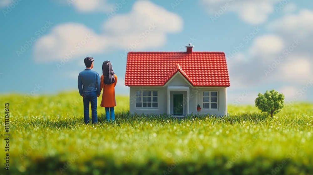 Young couple standing in front of their dream house miniature on green grass under blue sky with white clouds, representing home ownership and family future plans. Young couple standing in front of their dream house miniature on green grass under blue sky with white clouds, representing home ownership and family future plans.