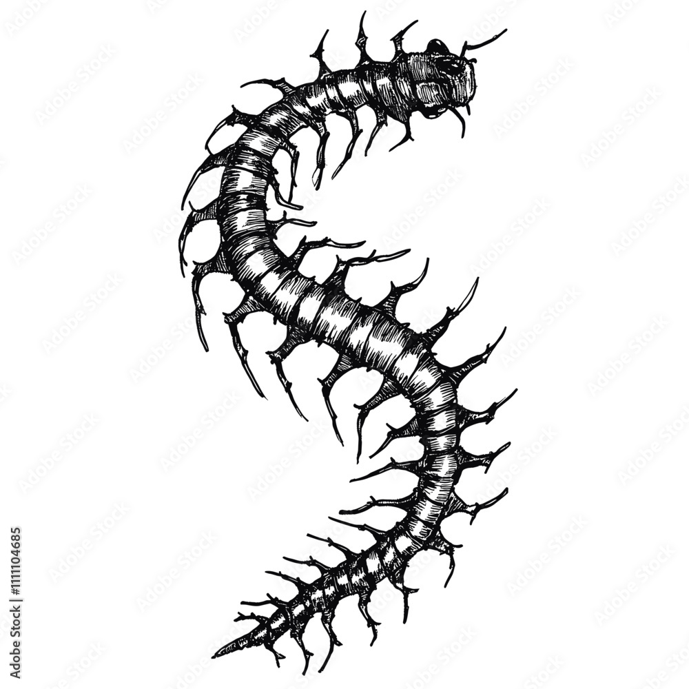 Ταπετσαρία Detailed black ink drawing of a centipede with many legs.