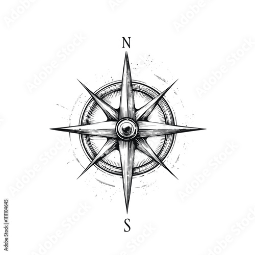 Intricate compass rose with cardinal directions in black and white.