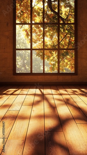 Sunlight streaming through autumn maple leaves creates dramatic shadows on wooden floorboards  view through vintage window panes in empty room with warm golden glow