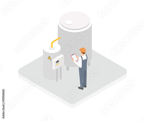 Isometric tanks and factory equipment. Factory or plant worker 3D vector illustration.