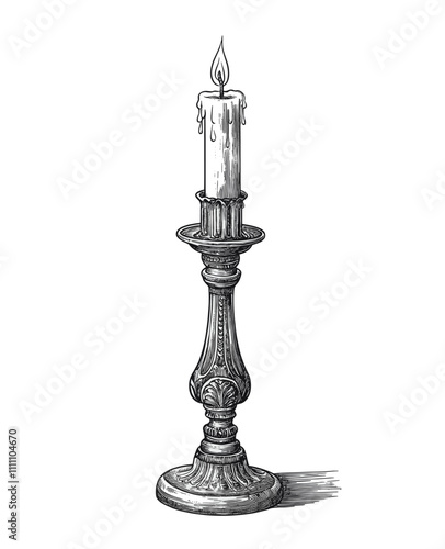 Intricate black-and-white candle illustration in ornate holder.