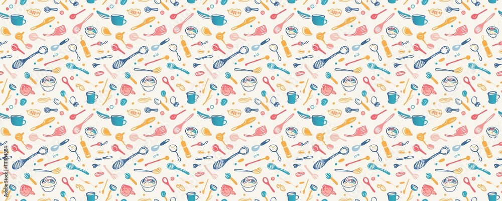 seamless pattern of Colorful kitchen utensil blue teal yellow hand drawn style cheerful cooking baking concept seamless pattern of Colorful kitchen utensil blue teal yellow hand drawn style cheerful cooking baking concept