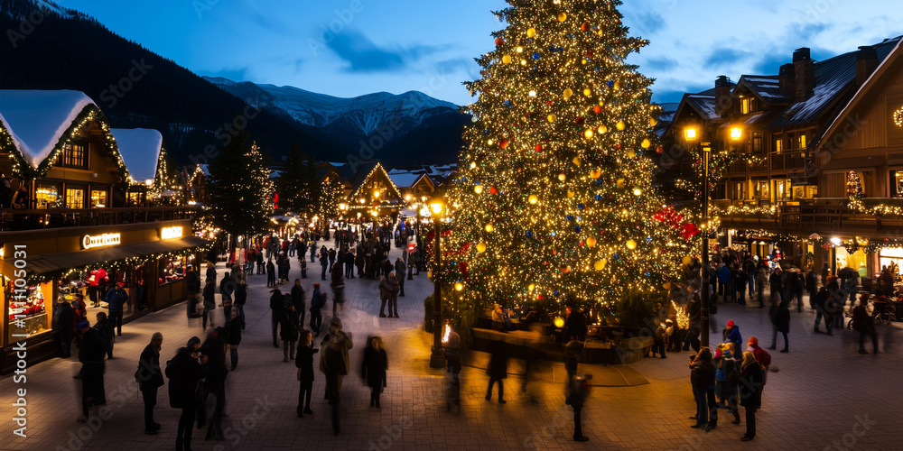 Holiday festivities in a vibrant town square with a large decorated Christmas tree at dusk Holiday festivities in a vibrant town square with a large decorated Christmas tree at dusk