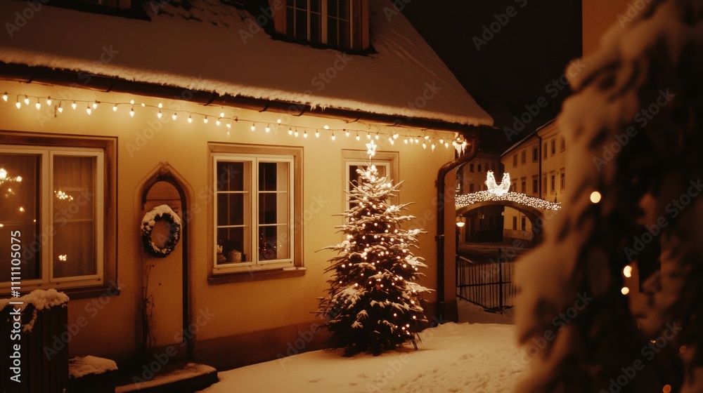 A cozy house in Ljubljana, Slovenia, with snow-covered roofs, warm fairy lights around the windows, a glowing Christmas tree in the yard, and the historic Dragon Bridge nearby. A cozy house in Ljubljana, Slovenia, with snow-covered roofs, warm fairy lights around the windows, a glowing Christmas tree in the yard, and the historic Dragon Bridge nearby.