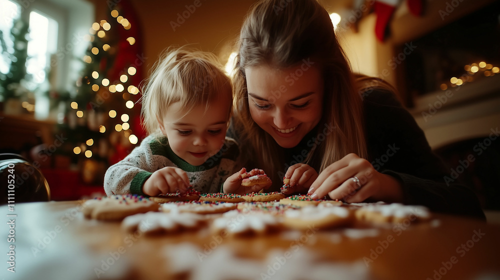 Fototapeta premium Families celebrate the holiday by baking cookies together in a cozy kitchen filled with decorations and festive lights