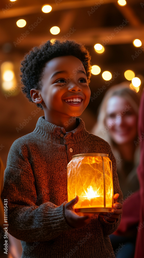 Child enjoying a warm glow from a lantern during a cozy gathering at a festive event in the evening Child enjoying a warm glow from a lantern during a cozy gathering at a festive event in the evening