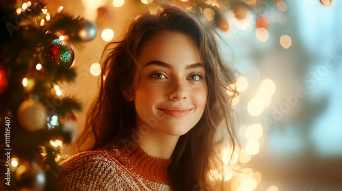 Smiling young woman in cozy sweater surrounded by festive lights during the holiday season