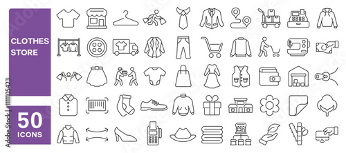 Set of 50 line icons related to clothes store, apparel, shop, retail, cloth, pant, coat, jacket, dress, hanger, hoody, Editable stroke. Vector illustration