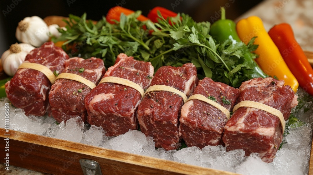 Fresh cuts of meat on ice, surrounded by herbs and colorful peppers for culinary use. Fresh cuts of meat on ice, surrounded by herbs and colorful peppers for culinary use.