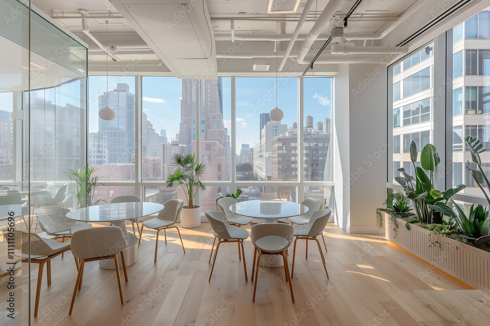 Obraz premium Bright and modern office lounge with round tables, white chairs, natural wood flooring, and large windows overlooking the city, offering a contemporary and airy work environment