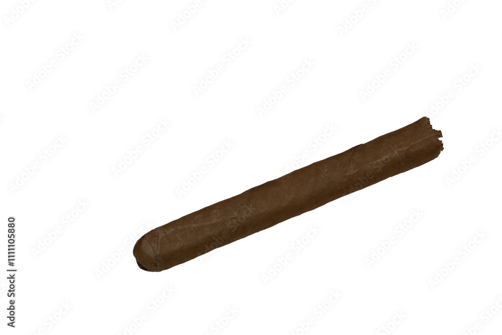 Single cigar resting on white background with copy space. Single cigar resting on white background with copy space.