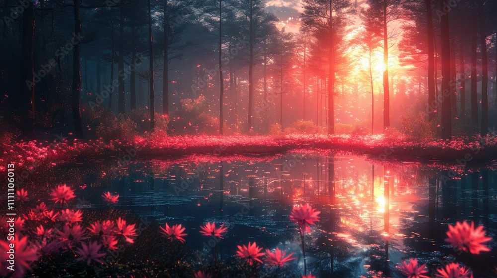 A forest with a pond full of pink flowers and a sun in the sky A forest with a pond full of pink flowers and a sun in the sky