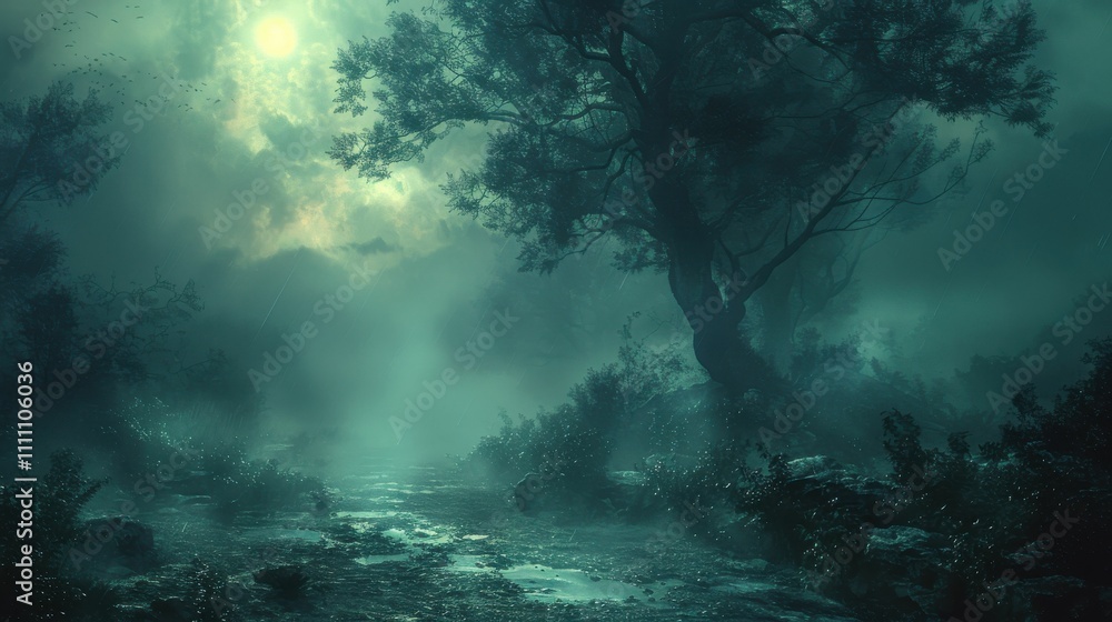 A dark forest with a tree in the middle A dark forest with a tree in the middle
