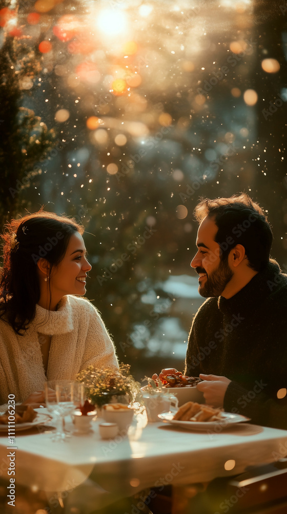 Couple enjoying a cozy meal together at an outdoor table during a snowy evening in winter Couple enjoying a cozy meal together at an outdoor table during a snowy evening in winter