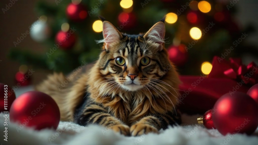 Portrait of a cute maincoon cat looking at camera against the blurred background of Christmas tree lights. Holiday eve. New Year card. Happy pet life concept. Domestic animal. Sweet home atmosphere Portrait of a cute maincoon cat looking at camera against the blurred background of Christmas tree lights. Holiday eve. New Year card. Happy pet life concept. Domestic animal. Sweet home atmosphere