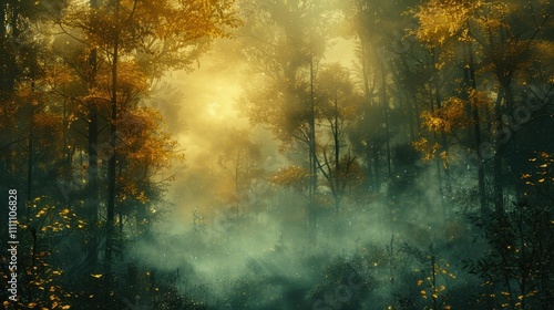 A forest with trees and leaves in the background