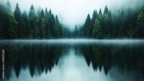 Fog shrouds the dense evergreen forest, mirrored perfectly in the placid lake. The atmosphere is serene and mystical with a sense of depth and solitude.