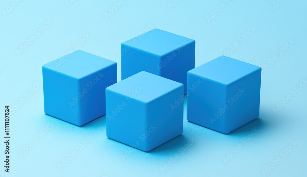 Four light blue cubes arranged in a plus sign on a light blue background. Four light blue cubes arranged in a plus sign on a light blue background.