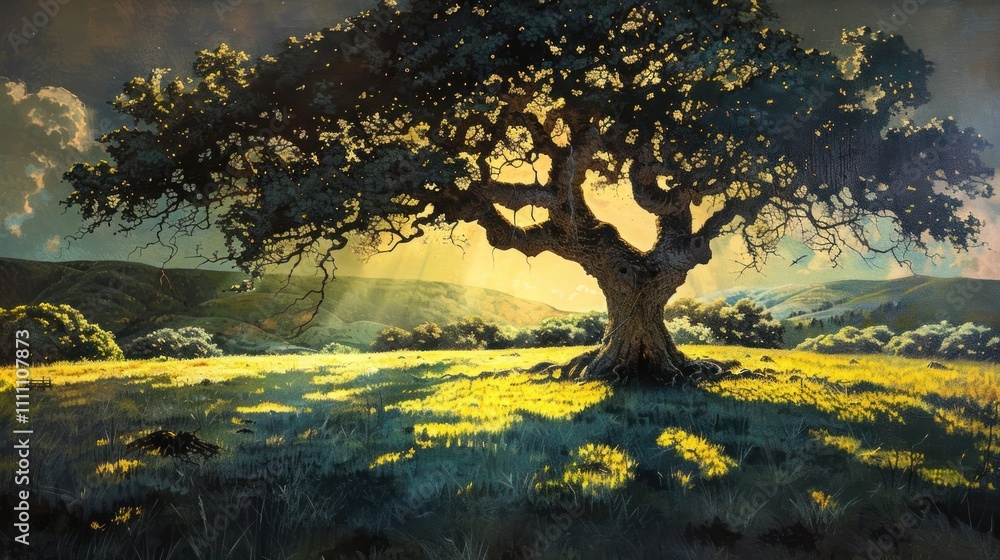 Fototapeta premium Majestic oak tree in a sunlit field, hills in background.