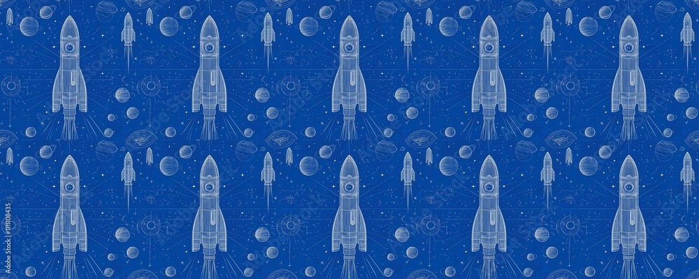 seamless pattern of Blueprint style rocketship space exploration white blue cosmic adventure seamless pattern of Blueprint style rocketship space exploration white blue cosmic adventure