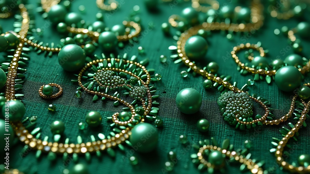 Luxurious Green Beaded Fabric Texture, Glamorous Handcrafted Embellishments Luxurious Green Beaded Fabric Texture, Glamorous Handcrafted Embellishments