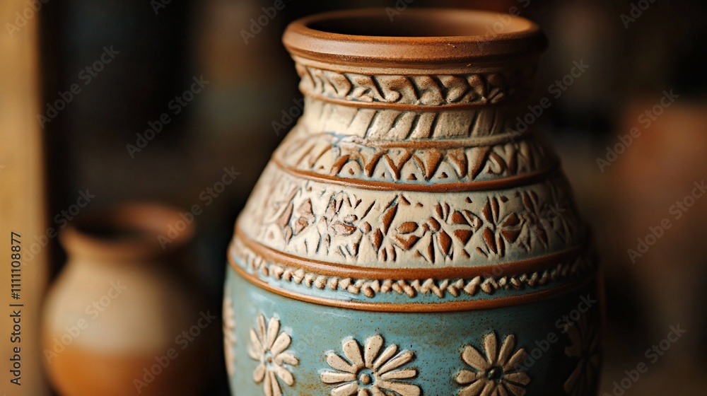A beautifully crafted ceramic vase with intricate floral designs and earthy tones. A beautifully crafted ceramic vase with intricate floral designs and earthy tones.