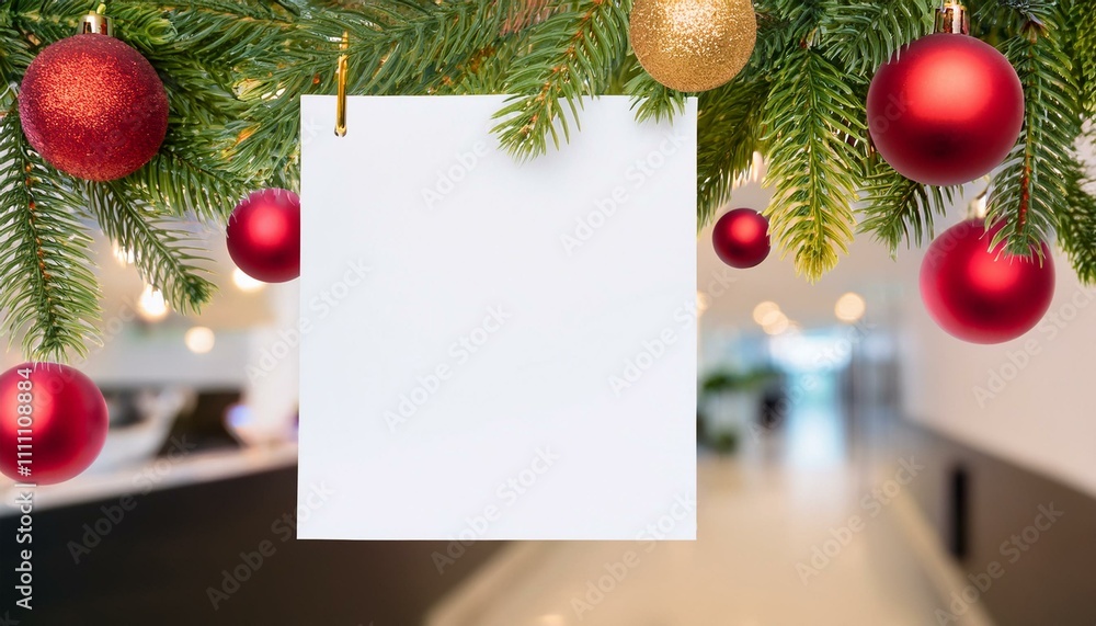 Fototapeta premium A white piece of paper hanging from a Christmas tree. Reception, office. Blurred background. Free space for text. New Year note template for business. 