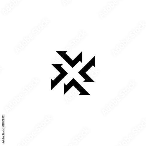 Converge arrows logo, letter X shape black and white graphic concept, intersection 4 directions in center crossroad creative resize icon