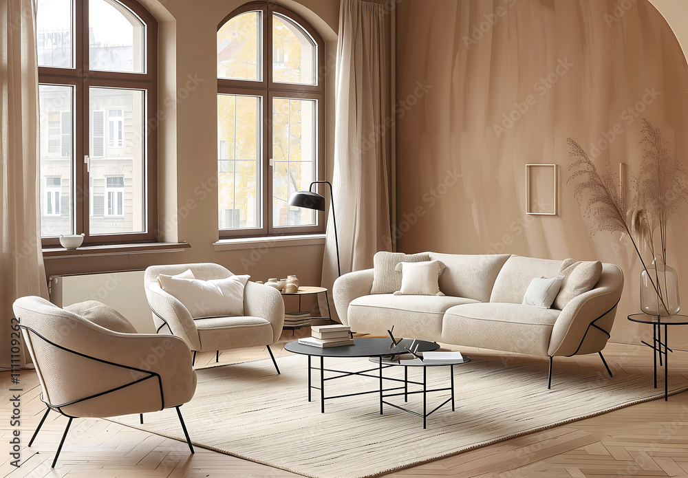 Fototapeta premium Elegant living room with neutral-toned furniture, arched windows, and light wooden accents. A serene and airy design with soft textures and modern sophistication in a bright interior space
