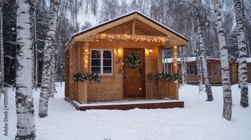 A charming wooden dacha near Minsk, Belarus, nestled among snow-covered birch trees, adorned with fairy lights and a festive wreath, and surrounded by a serene snowstorm.