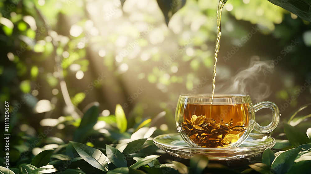 Serene Tea Time Hot Herbal Tea in Glass Cup Outdoors Serene Tea Time Hot Herbal Tea in Glass Cup Outdoors