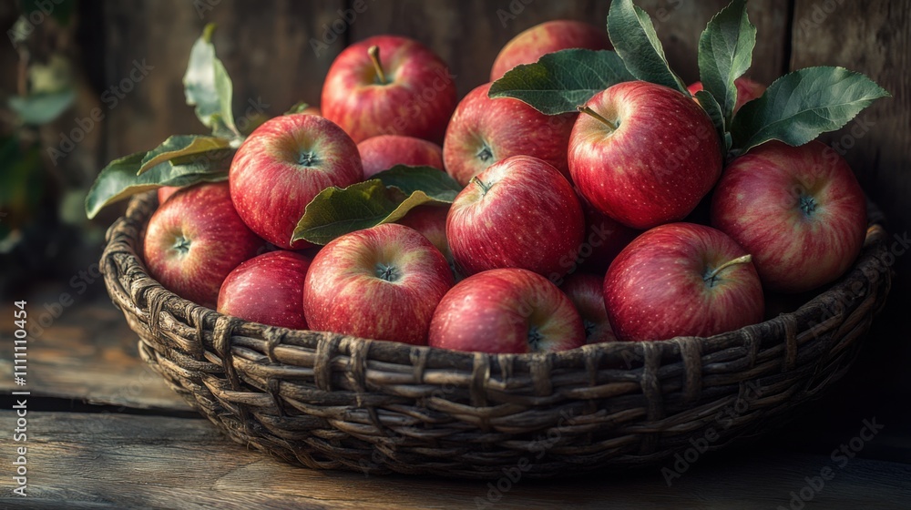 Rustic Basket Overflowing with Fresh Red Apples. Rustic Basket Overflowing with Fresh Red Apples.