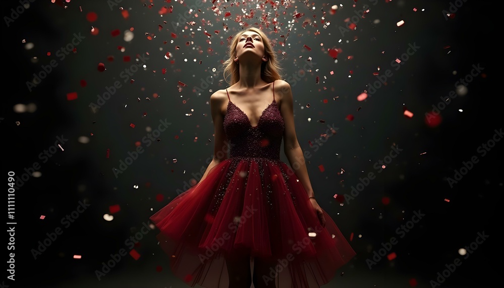 Fototapeta premium Beautiful woman in the dark evening at a party with confetti and moody lighting realistic photo eyes closed facing up young lady alone in a dress in a room at a club