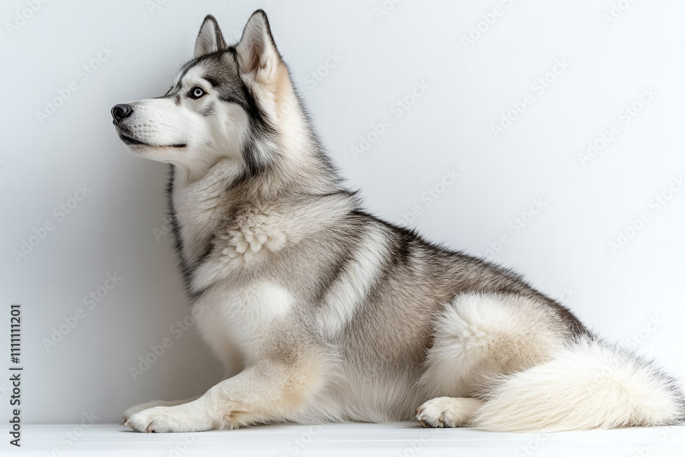 A Siberian Husky Dog Poses Elegantly Against A White Background A Siberian Husky Dog Poses Elegantly Against A White Background