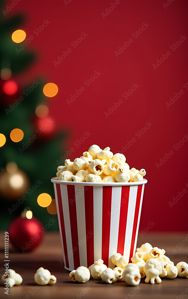 Create a cozy Christmas atmosphere at home with freshly delivered popcorn and festive decorations on a red wall background._00001_ Create a cozy Christmas atmosphere at home with freshly delivered popcorn and festive decorations on a red wall background._00001_