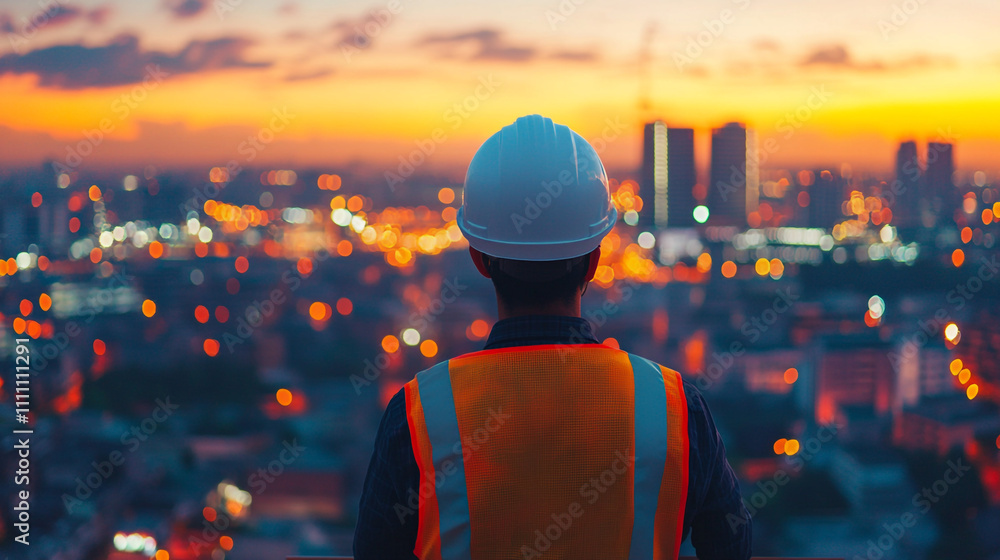 Construction Worker Cityscape Sunset Urban Development Engineering Architect Construction Worker Cityscape Sunset Urban Development Engineering Architect