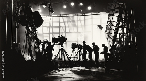 Wallpaper Mural Film Production Crew Silhouettes  Movie Set  Cameras  Studio Lighting  Black and White Pho Torontodigital.ca