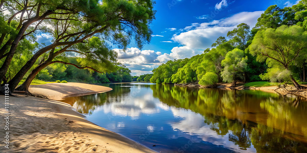Tranquil Riverbend with Sandy Beach and Overhanging Trees – A Serene Natural Landscape, Capturing the Calm Flow of Water, Gentle Reflections, and the Peaceful Beauty of the Outdoors. Tranquil Riverbend with Sandy Beach and Overhanging Trees – A Serene Natural Landscape, Capturing the Calm Flow of Water, Gentle Reflections, and the Peaceful Beauty of the Outdoors.