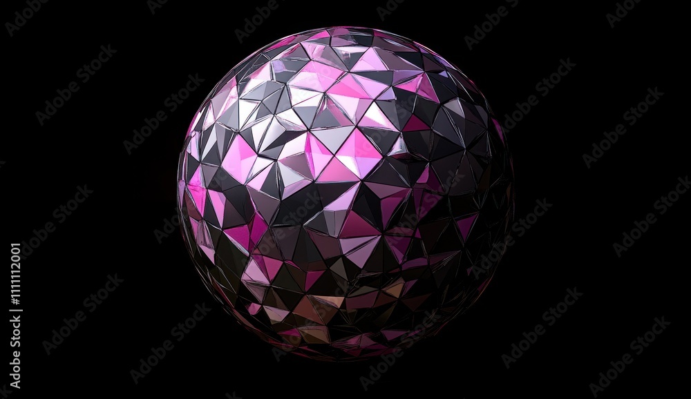 Pink and black metallic sphere with geometric polygonal pattern on black background. Pink and black metallic sphere with geometric polygonal pattern on black background.