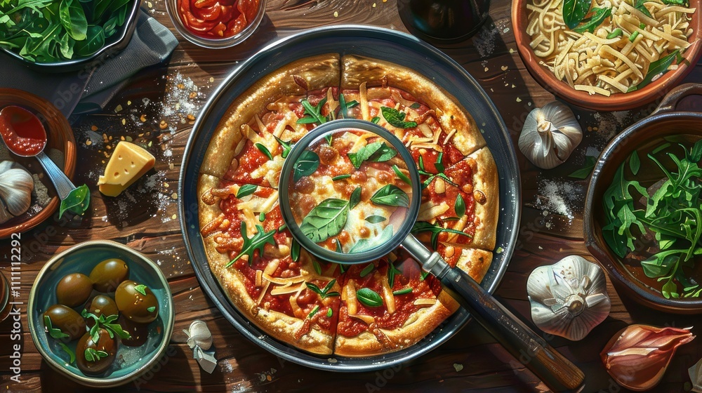 Overhead view of delicious pizza with magnifying glass, surrounded by various ingredients. Overhead view of delicious pizza with magnifying glass, surrounded by various ingredients.