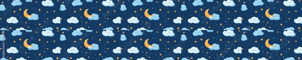seamless pattern of Cute cartoon clouds moon stars night sky blue orange whimsical bedtime children illustration seamless pattern of Cute cartoon clouds moon stars night sky blue orange whimsical bedtime children illustration
